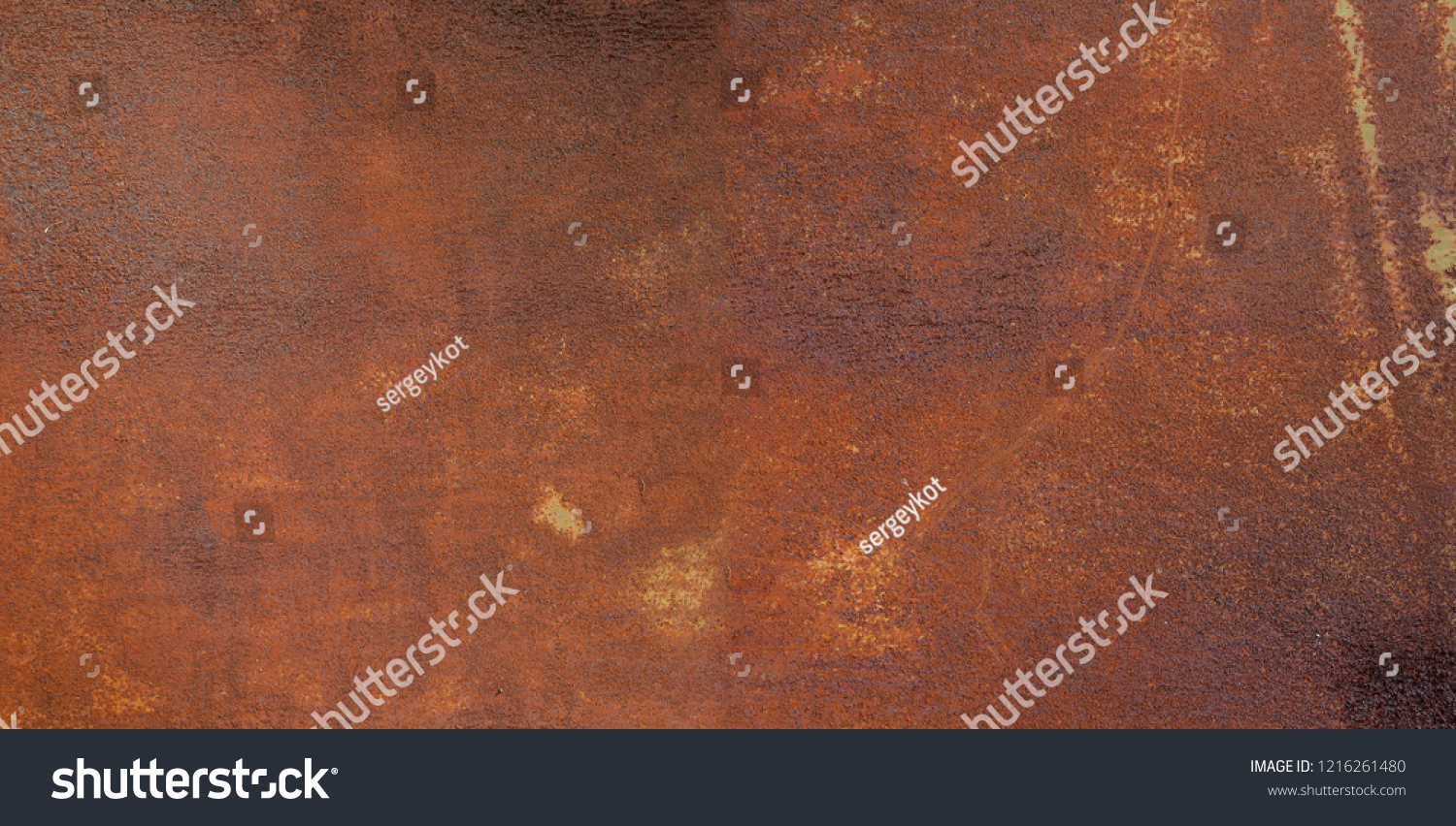Panorama of rusty metal wall, old sheet of iron covered with rust and corrosion paint. Oxidized iron panel. Texture or background. #1216261480