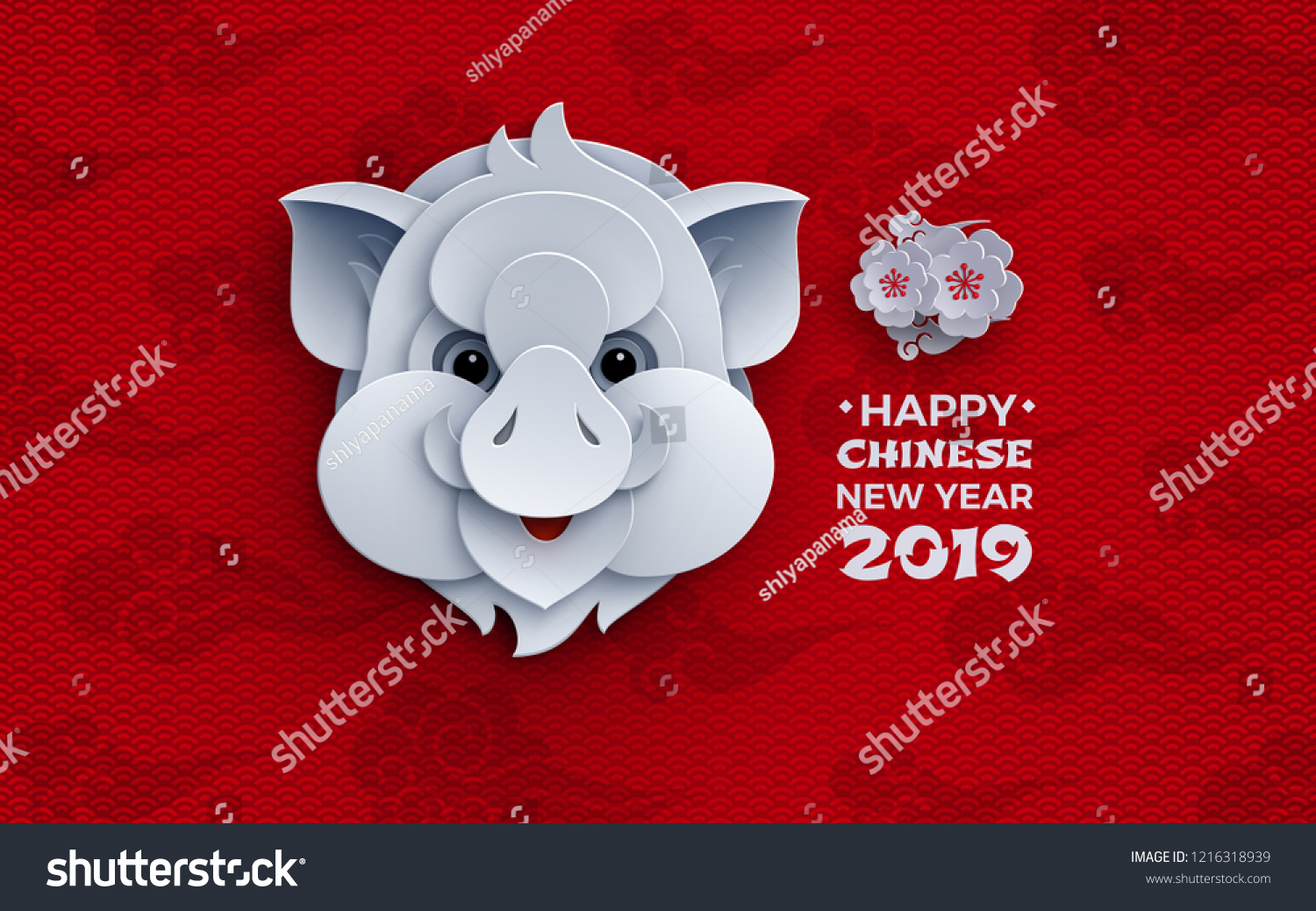 Chinese new year banner design, year of the pig, zodiac sign, animal symbol of 2019, traditional sakura cherry flowers, pattern oriental red background. Paper cut out art style, vector illustration #1216318939