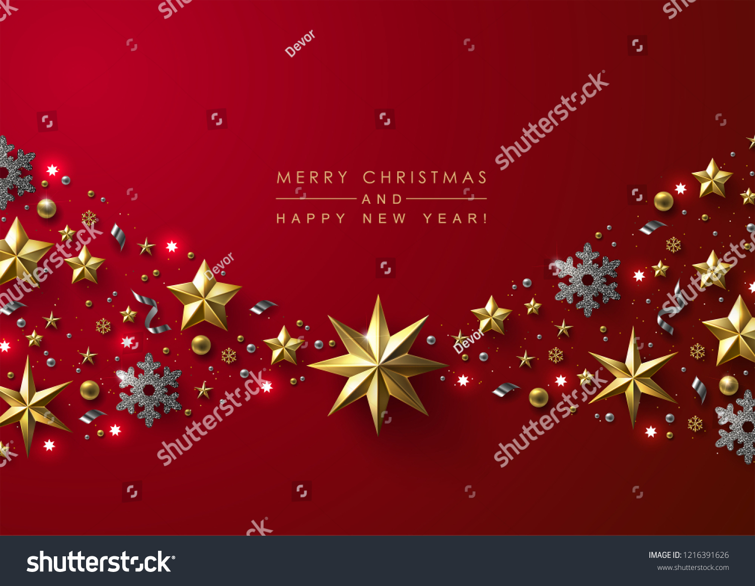 Red Christmas Background with Border made of Cutout Gold Foil Stars and Silver Snowflakes. Chic Christmas Greeting Card. #1216391626