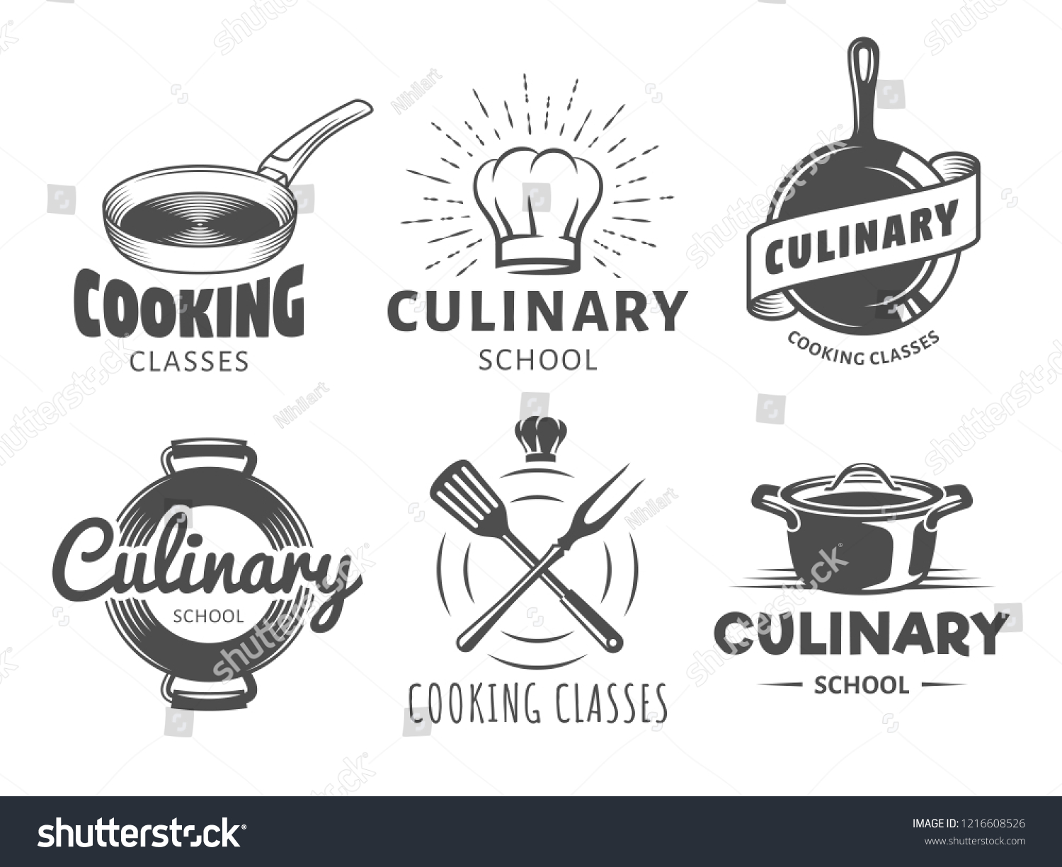 Culinary school logos. Vector badges for cooking classes, workshops and courses. Set of vintage monochrome labels with chefs hat, pans and kitchenware #1216608526