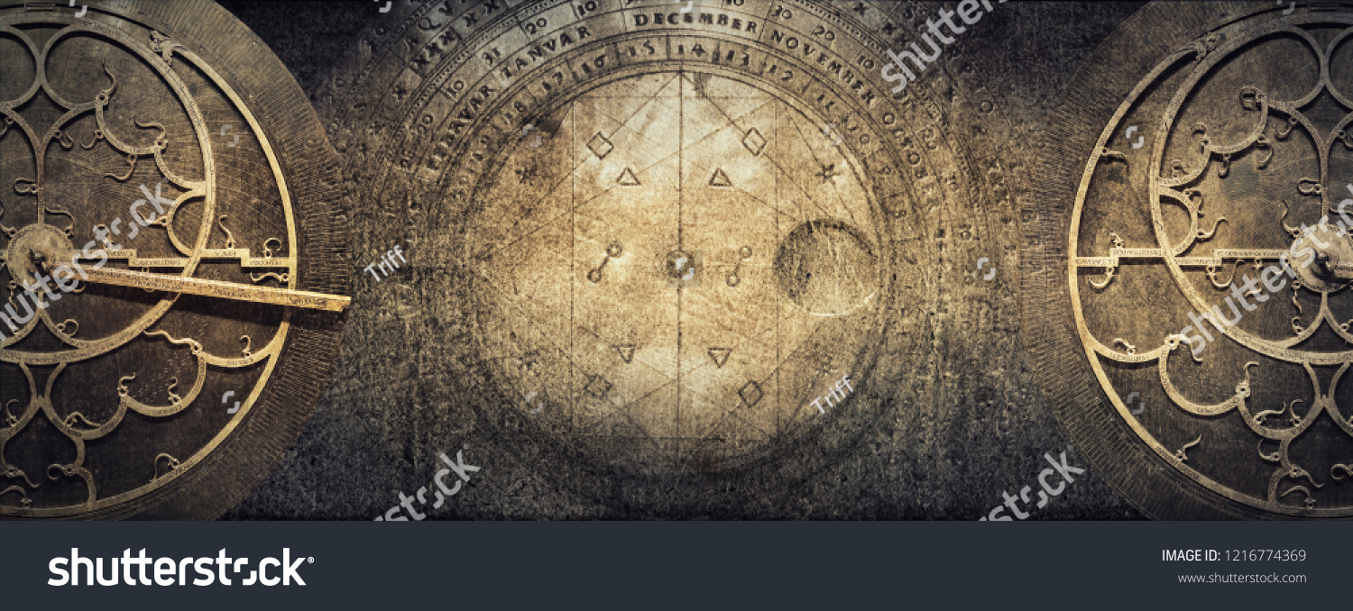Ancient astronomical instruments on vintage paper background. Abstract old conceptual background on history, mysticism, astrology, science, etc. Retro style. #1216774369