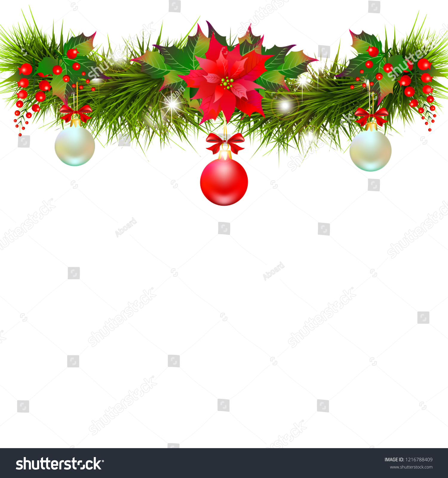 Christmas garland with poinsettia and cotton flowers, isolated on a white #1216788409
