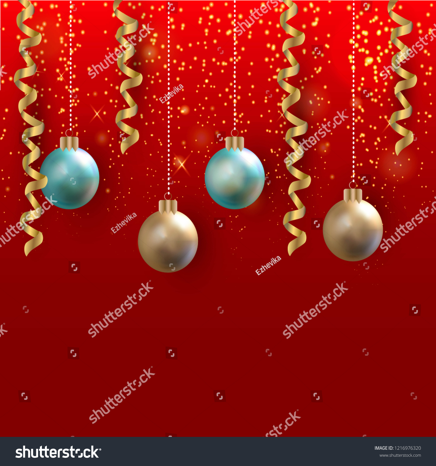 Christmas vector beautiful background. Sparkling background with glitter and a garland. Christmas balls and ribbons. #1216976320