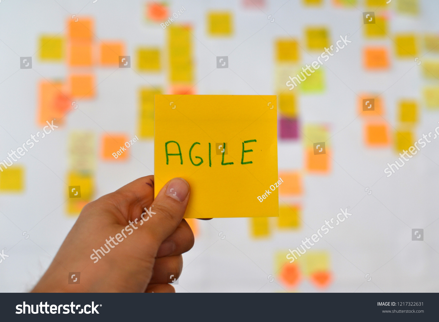 A hand is holding a orange agile sticker and there is a Kanban board of agile methodology on the background, which is a developing trend in Information Technology (IT) business.
 #1217322631
