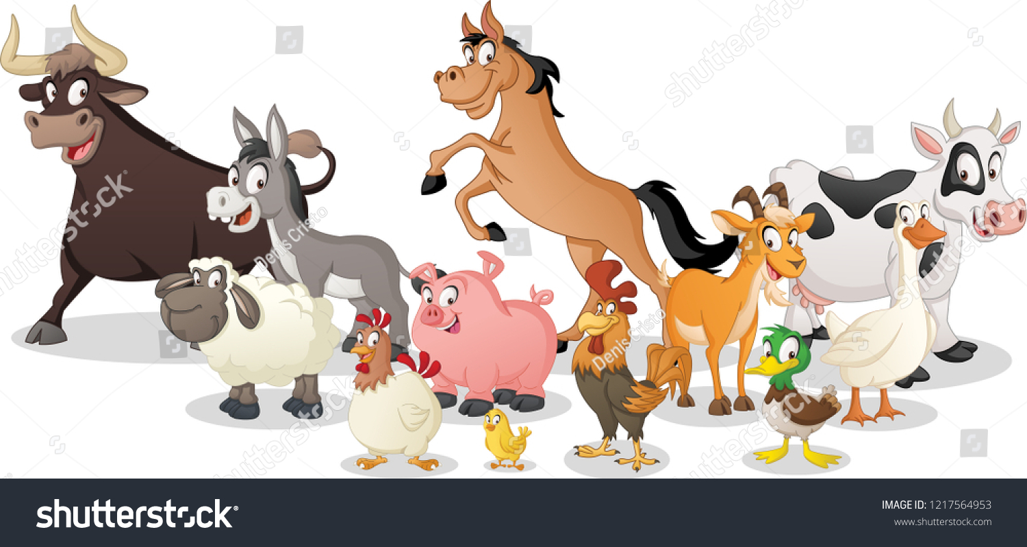 Group of farm cartoon animals. Vector illustration of funny happy animals.
 #1217564953