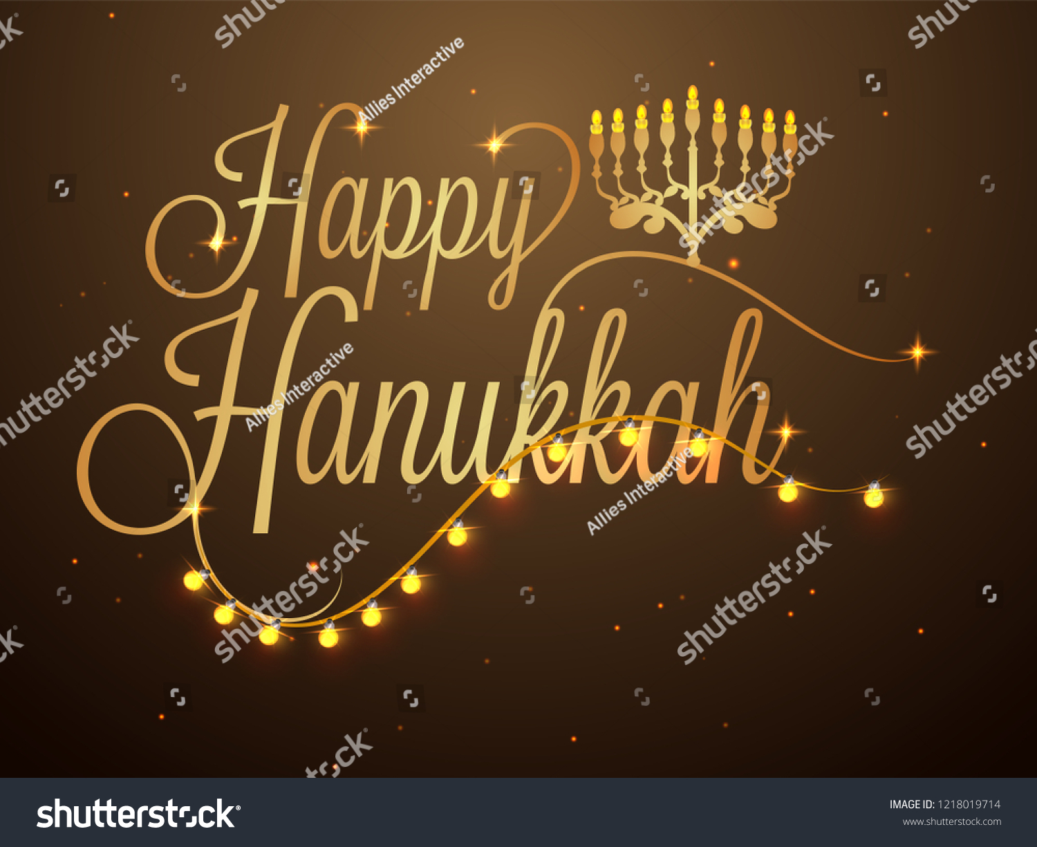 Happy Hanukkah lettering decorated with lighting garland on glossy brown background for Jewish Holiday celebration. #1218019714