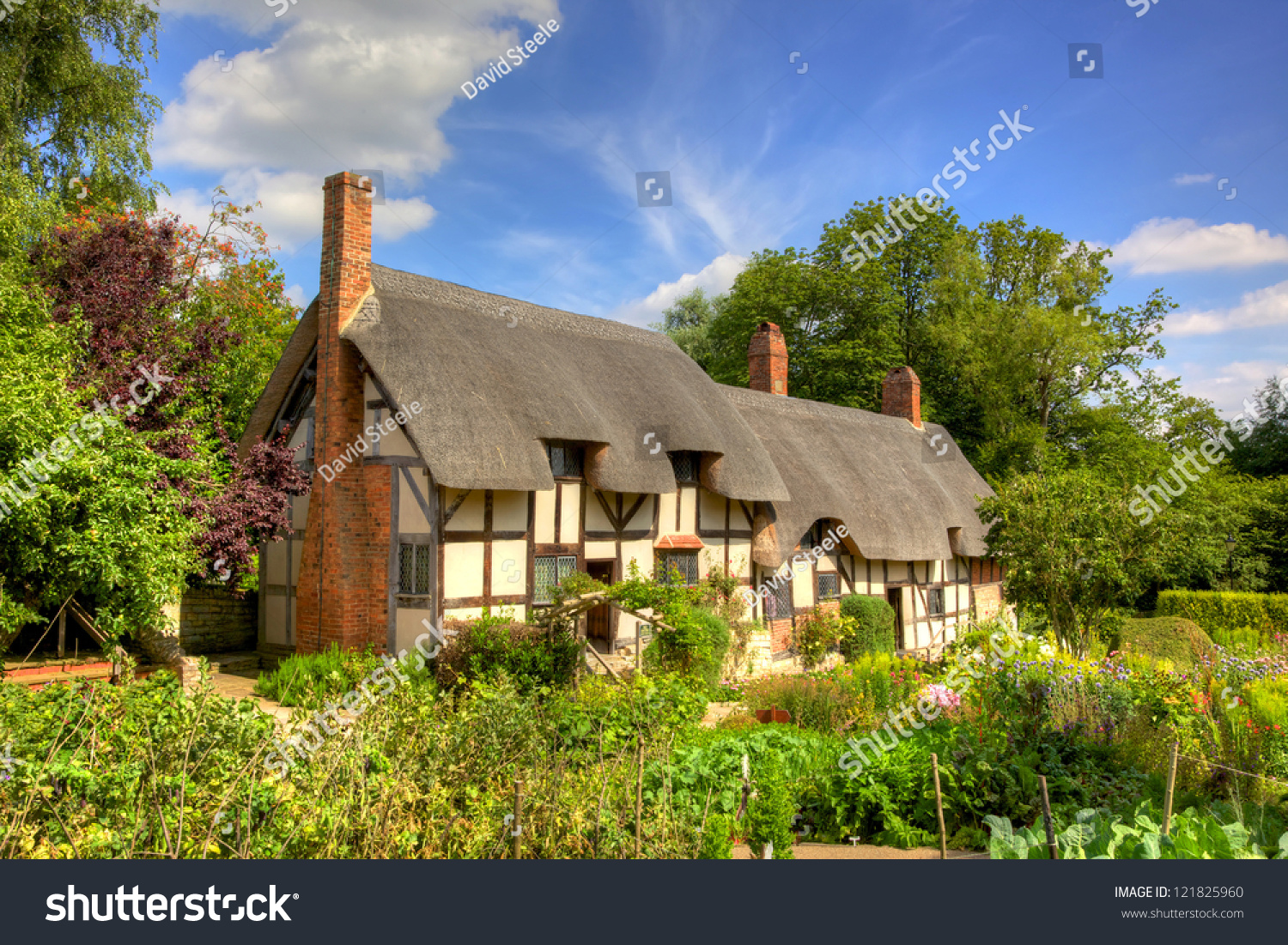 Anne Hathaway's (William Shakespeare's wife) famous thatched cottage and garden at Shottery, just outside Stratford upon Avon, England. #121825960