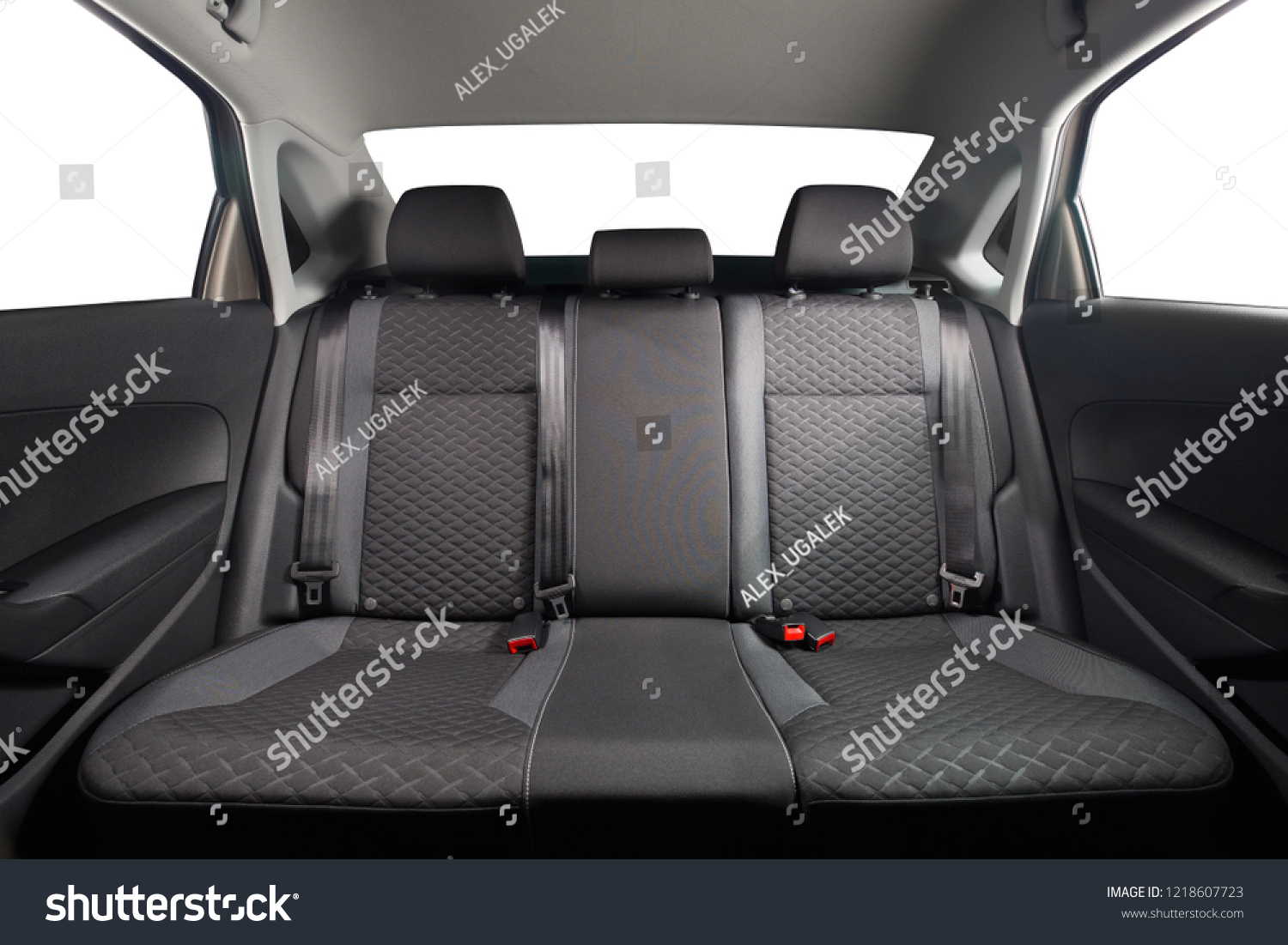 New car inside. Clean car interior. Black back seats in sedan. Car cleaning theme. #1218607723
