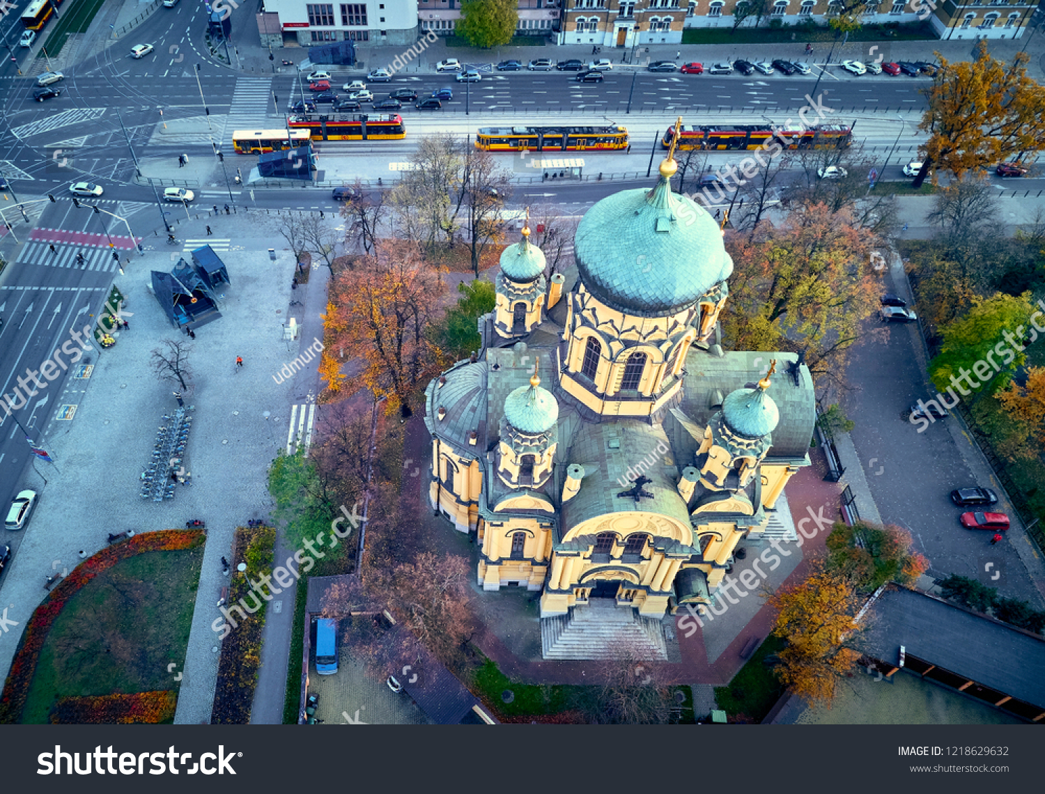 Beautiful panoramic aerial view to Cathedral of St. Mary Magdalene, Warsaw from dron DJI Mavic Air #1218629632
