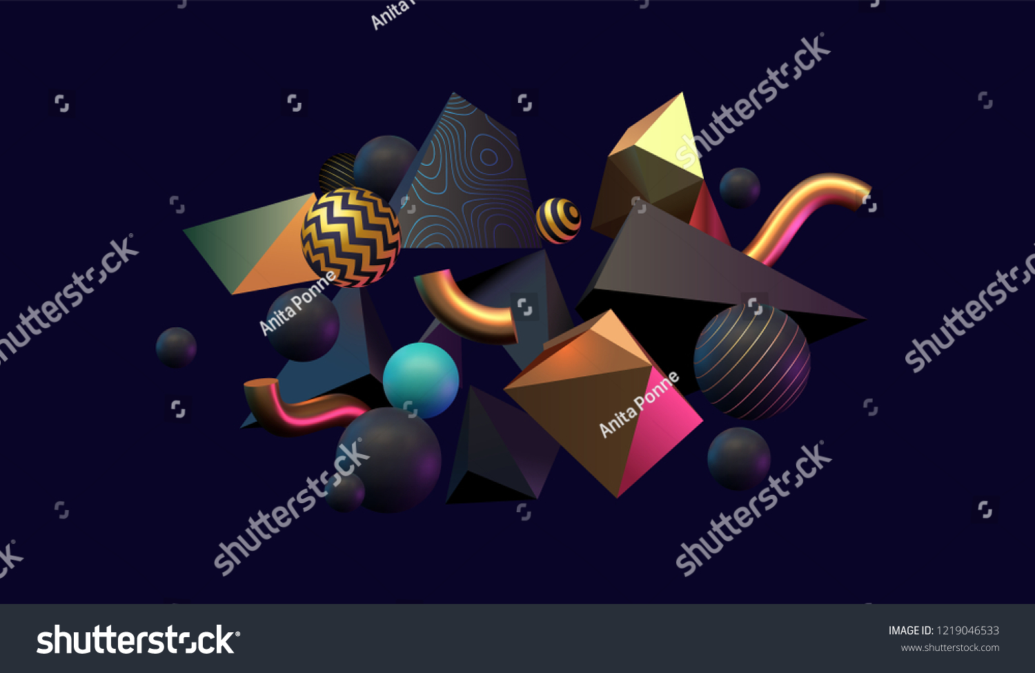 3D abstract black, gold and teal colored geometric shapes. Memphis inspired. Eps10 vector #1219046533