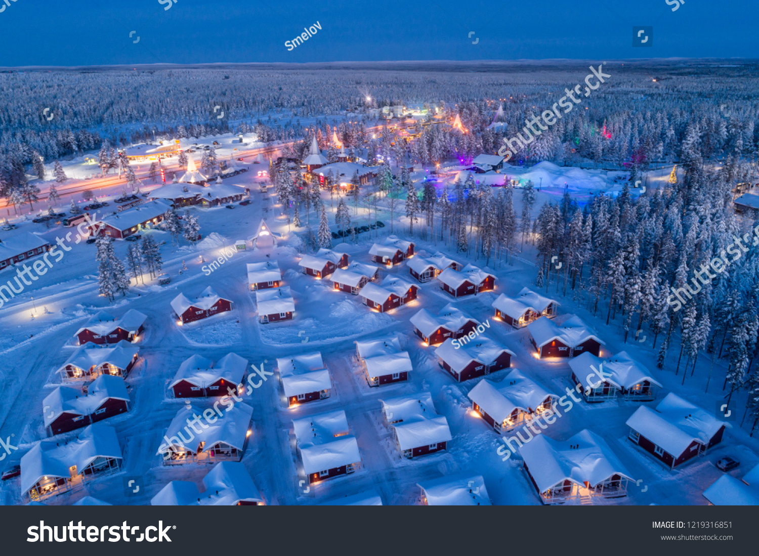 Aerial night view of Santa Claus Village in Rovaniemi in Lapland in Finland. #1219316851