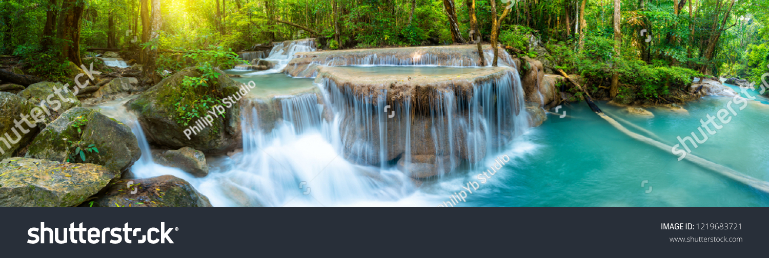 Panoramic beautiful deep forest waterfall in Thailand #1219683721