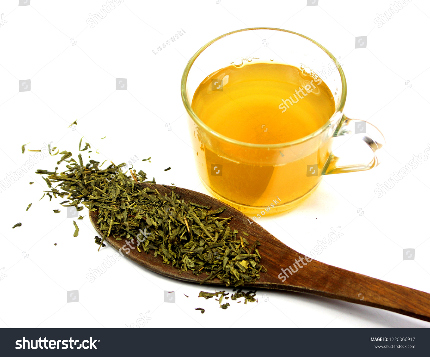 cup of green tea and spoon with tea #1220066917