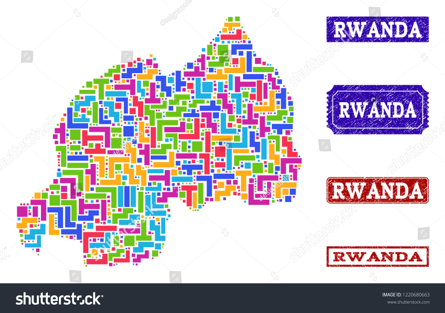 Mosaic Brick Style Map Of Rwanda And Rubber Royalty Free Stock Vector 1220680663 5583