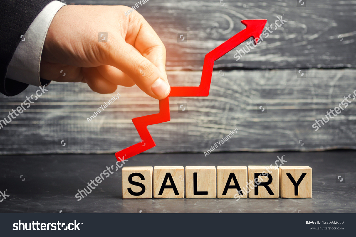 The inscription "salary" and the red arrow up. increase of salary, wage rates. promotion, career growth. raising the standard of living. increase profits and family budget. wealth concept #1220932660
