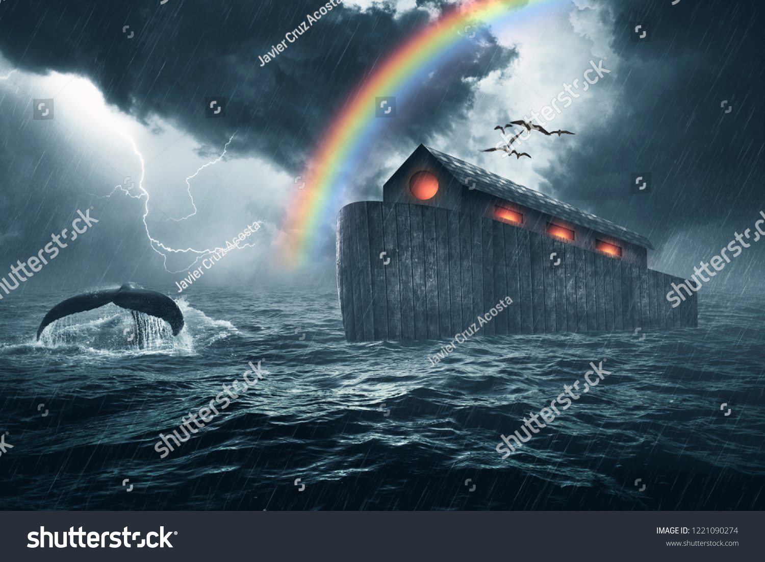 Noah's ark story, masterpiece of art created using four photos, the ark was made with custom shapes, color gradients, brushes and custom wood textures.   #1221090274