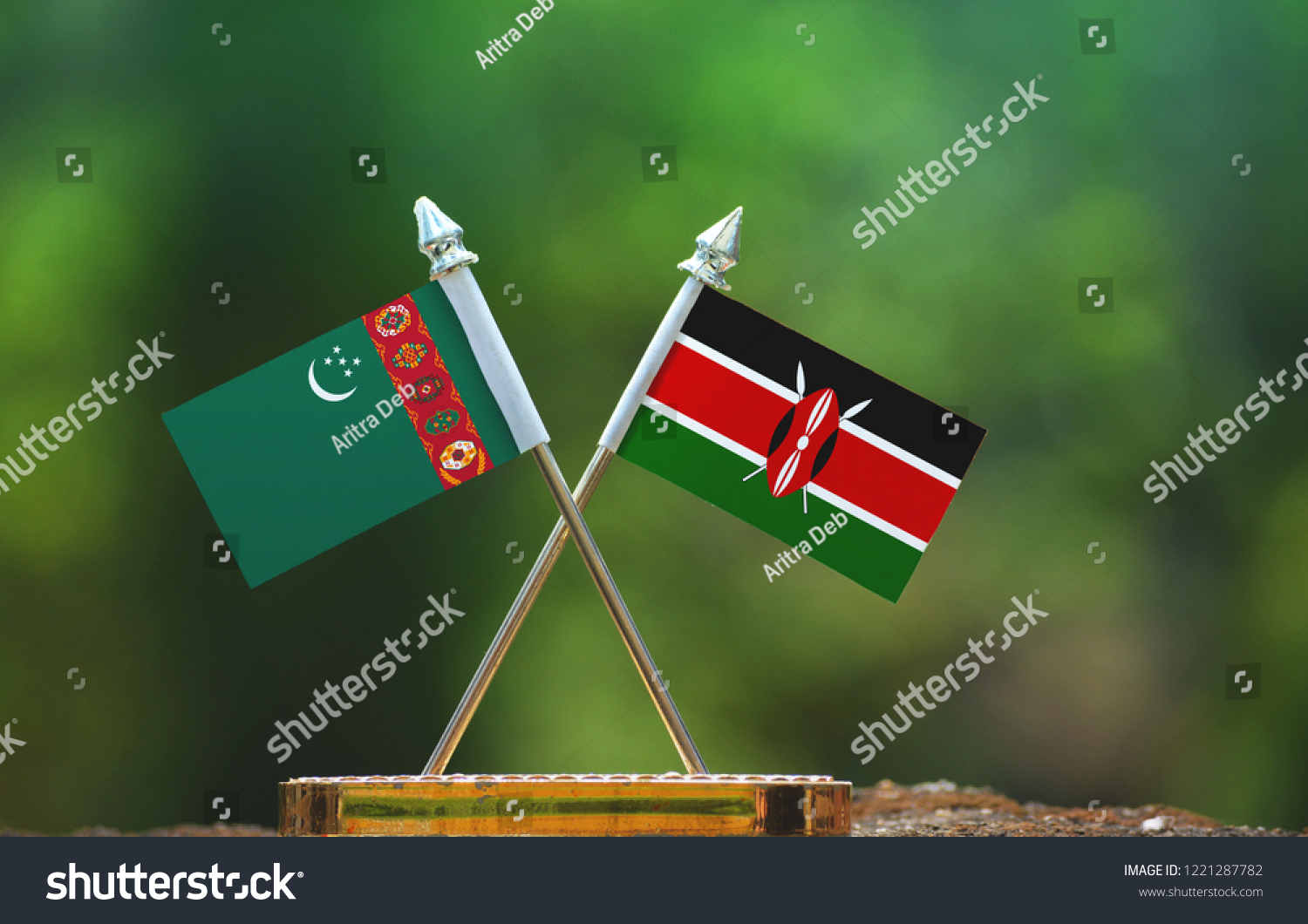 Kenya and Turkmenistan small flag with blur green background #1221287782
