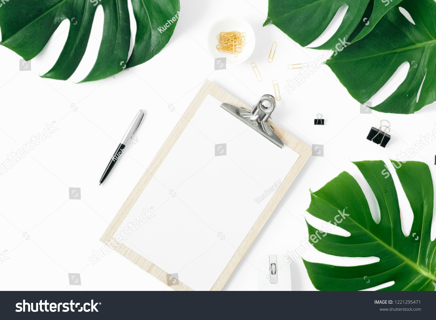 Clipboard with monstera leaves on white background flat lay, top view #1221295471