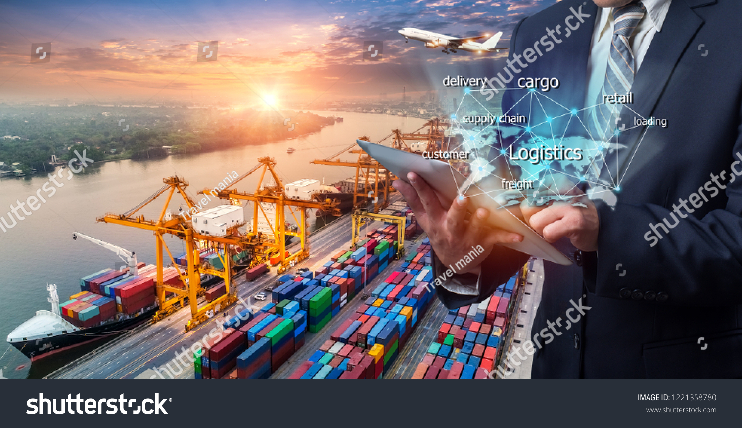 World map with logistic network distribution on background. Logistic and transport concept in front Industrial Container Cargo freight ship for Concept of fast or instant shipping, Online goods orders #1221358780
