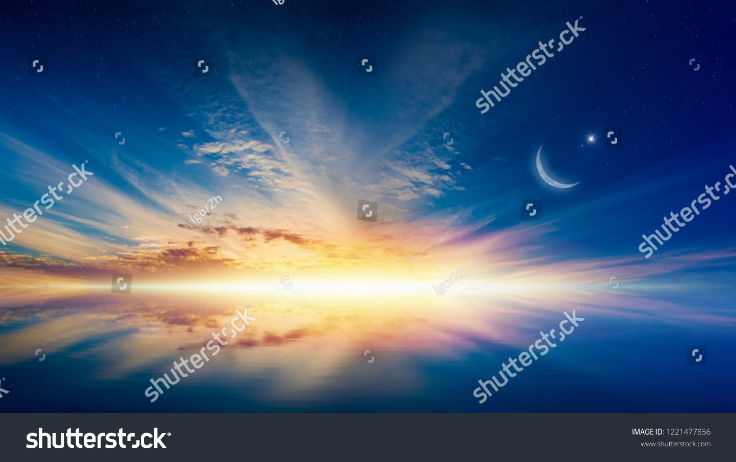 Ramadan Kareem background with crescent, stars and glowing horizon above serene sea. Elements of this image furnished by NASA #1221477856