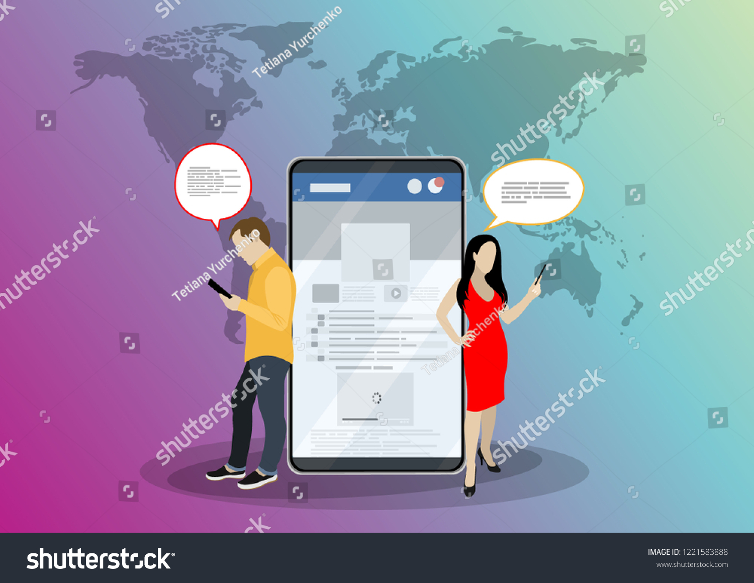 Social network web site surfing concept illustration of young people using mobile gadgets such as smartphone, tablet pc part of online community. Flat style. Vector illustration. #1221583888