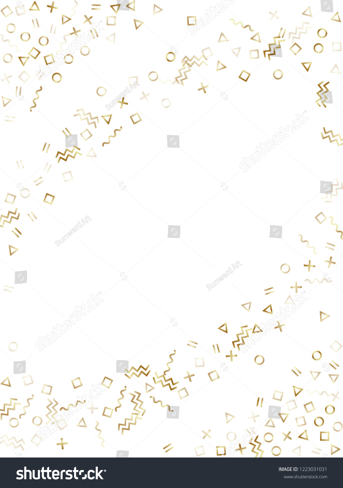 Memphis style gold geometric confetti vector background with triangle, circle, square shapes, zigzag and wavy line ribbons. Glossy 80s style bauhaus gold decor confetti falling on white. #1223031031