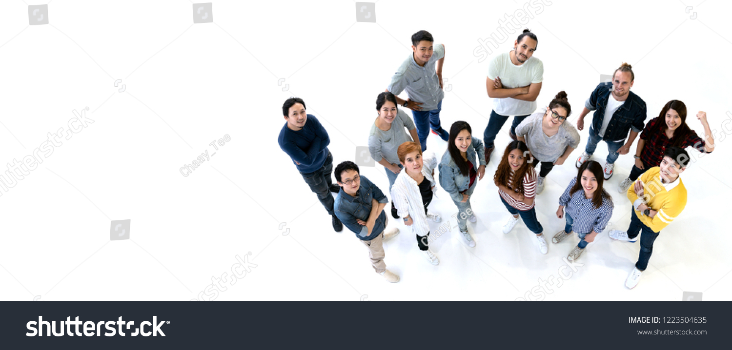 Group of Diversity People Team smiling with top view. Ethnicity group of creative teamwork in casual happy lifestyle together with copy space. Different in staff generations concept Banner. #1223504635