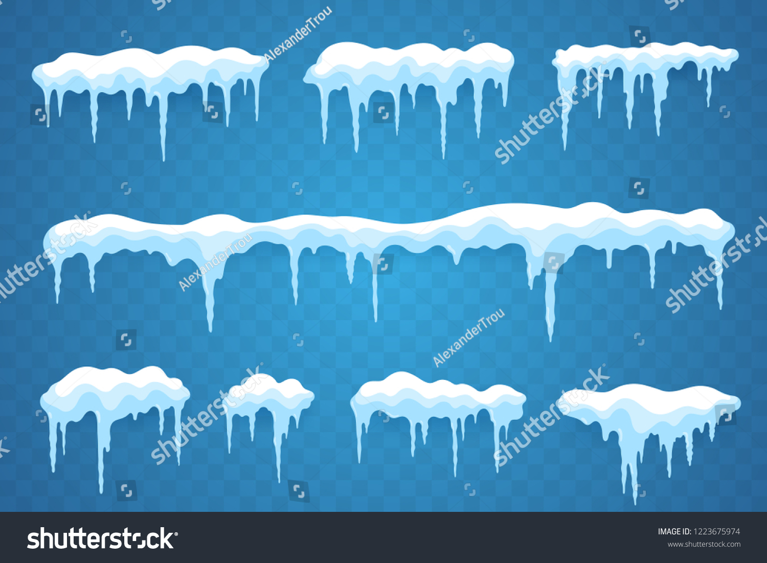Snow icicles set isolated on transparent background. Snowcap borders. Vector snowy elements. Hanging icicles in flat style. Decoration for winter design. #1223675974