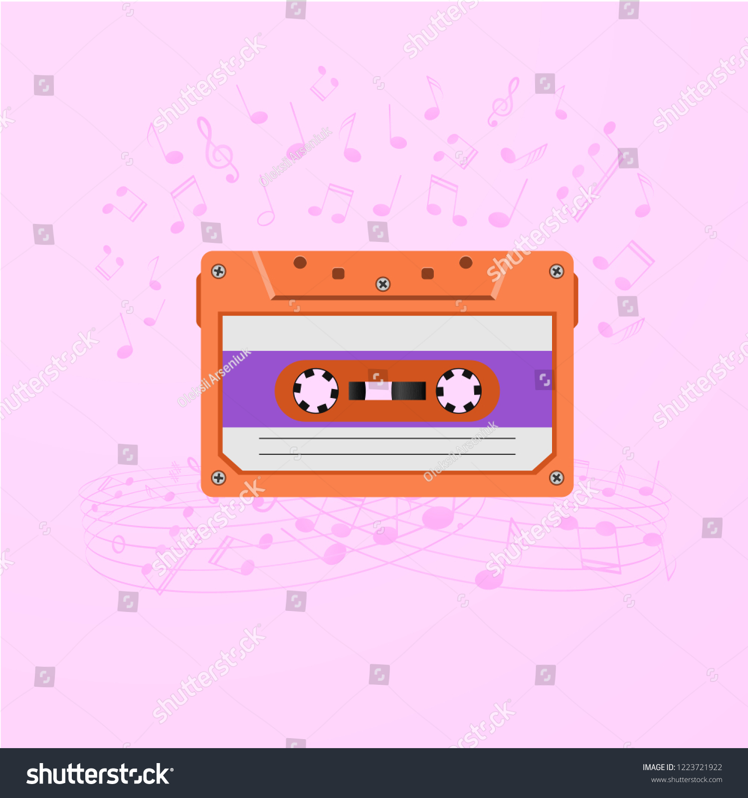 Retro music background with magnetic audio tape and notes #1223721922