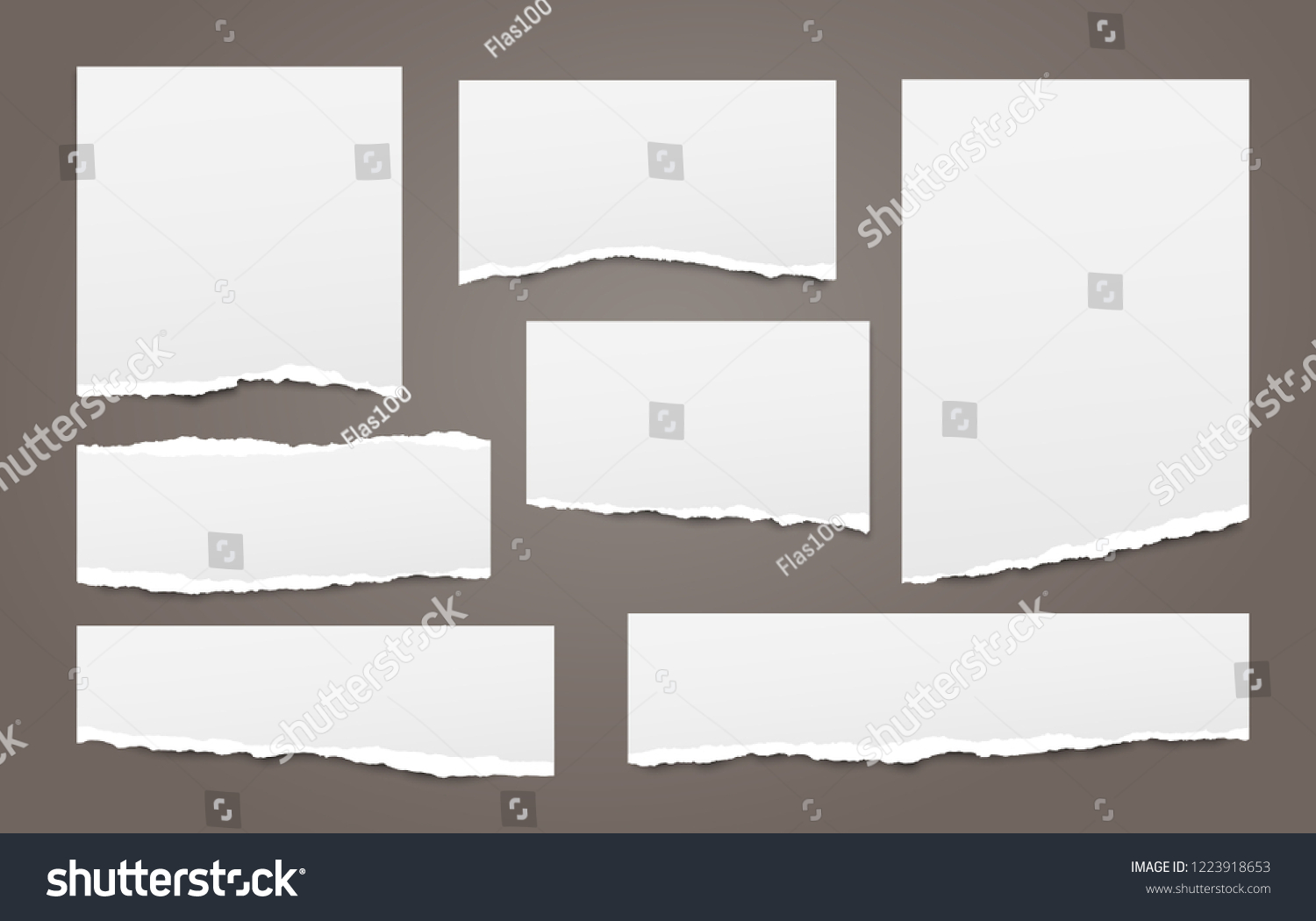 White note, notebook paper strips with torn edges stuck on dark brown background. Vector illustration. #1223918653