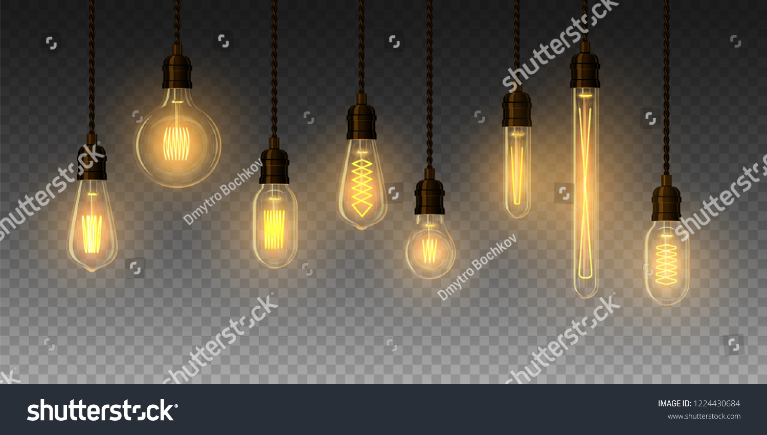 Set of realistic glowing lamp hanging on the wire. Incandescent lamp. Vector #1224430684