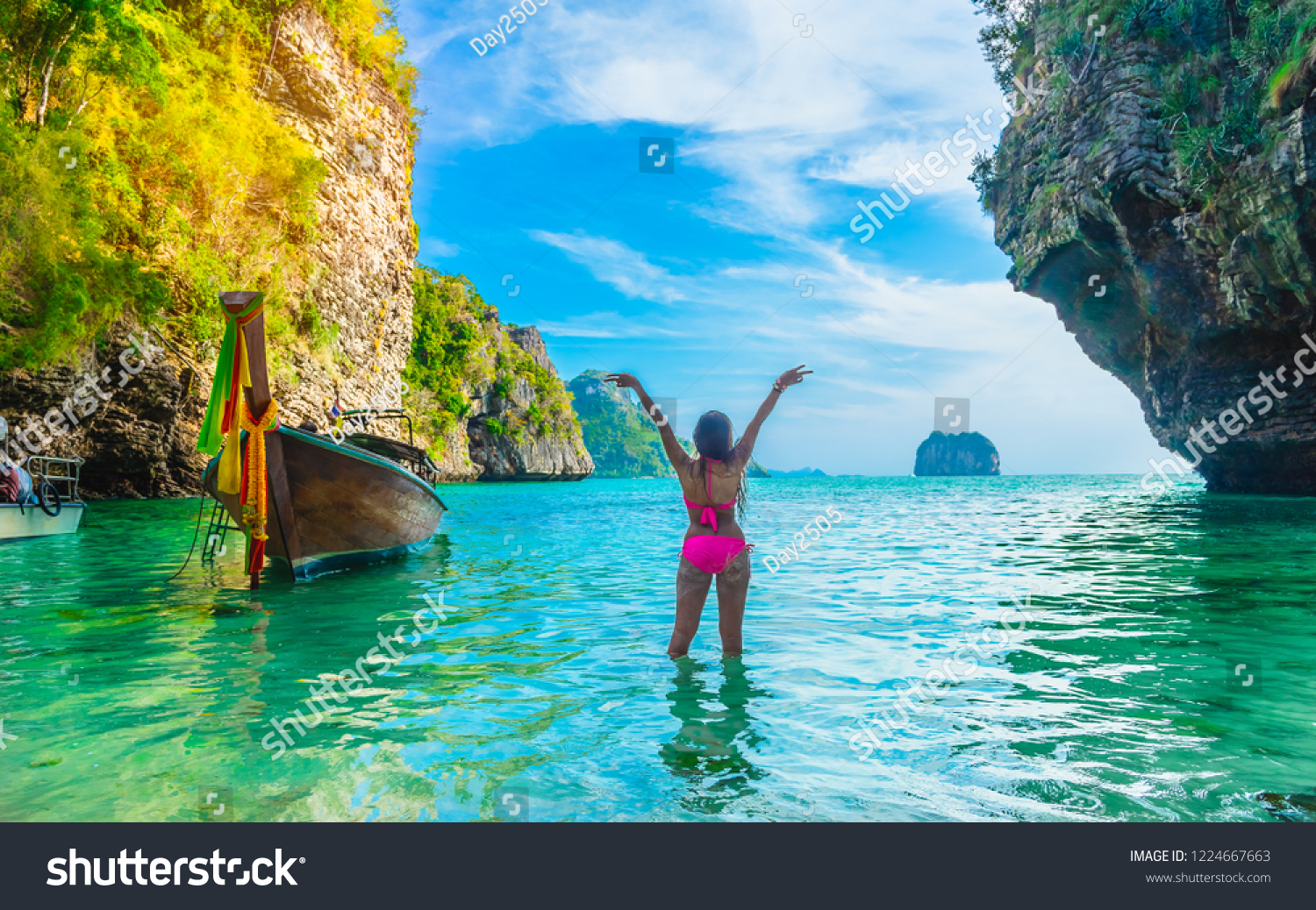 Beautiful nature scenic landscape sea beach with active happy traveler woman in bikini joy fun Andaman sea Krabi, Water travel Phuket Thailand summer holiday vacation trips, Tourism destination Asia #1224667663