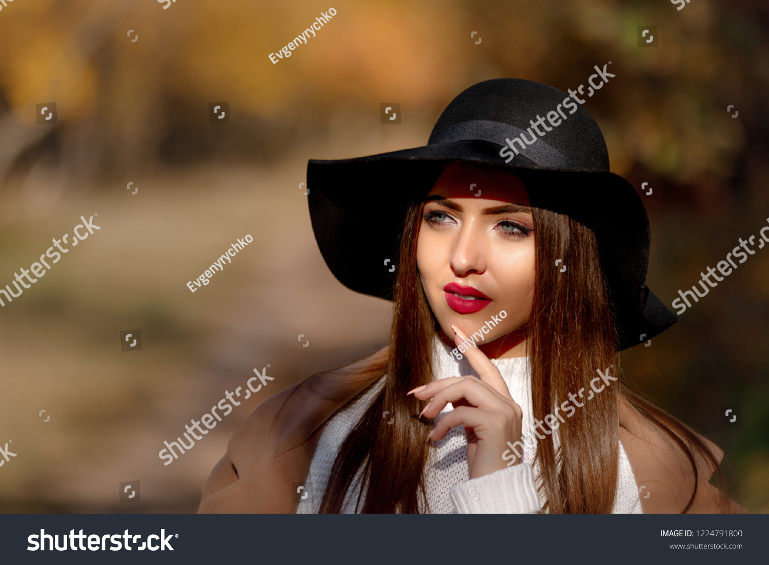 portrait of beautiful young woman in black hat in park in the autumn #1224791800