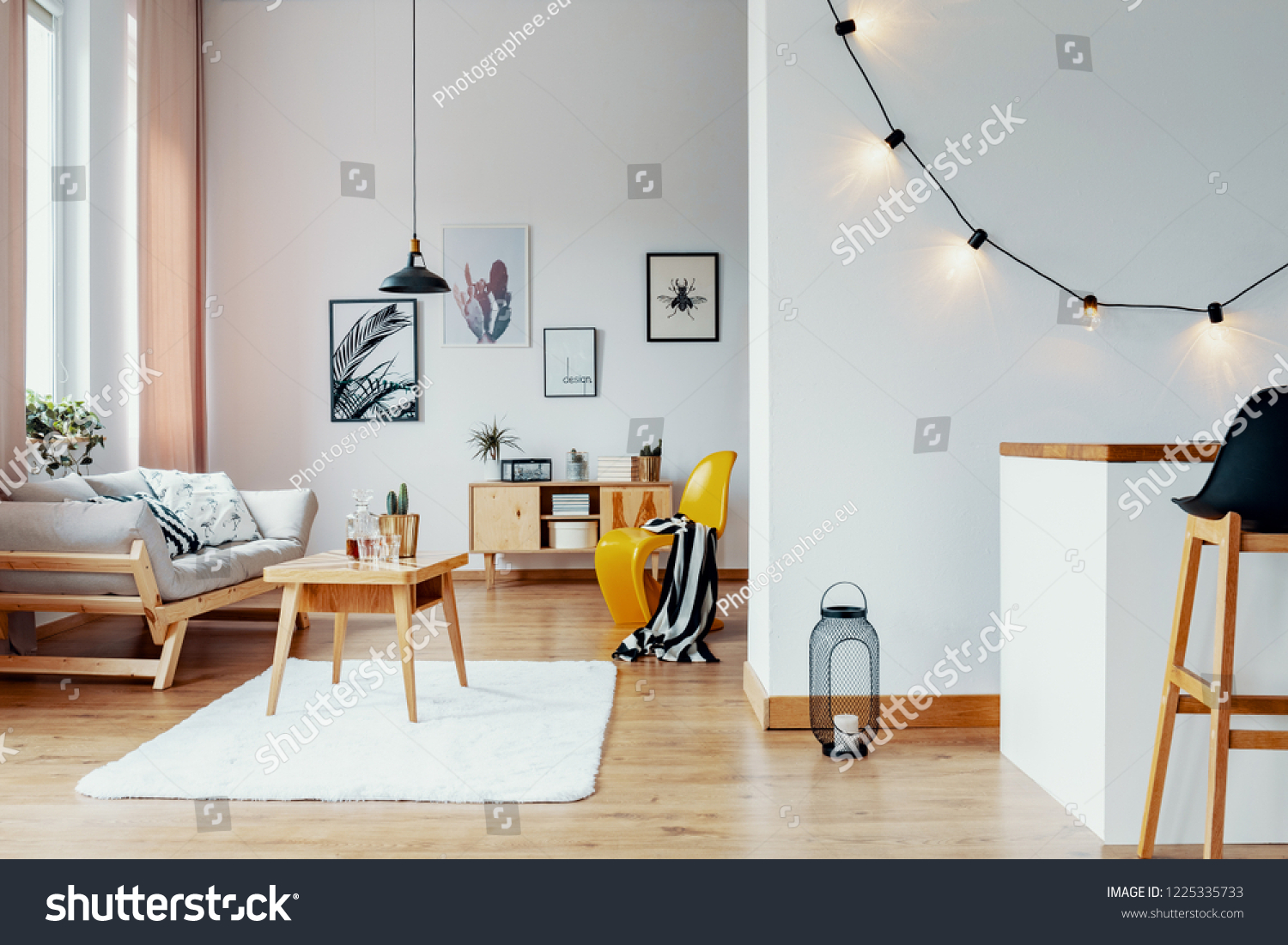 Open space flat interior with posters and lights on the wall, wooden coffee table with cactus and whiskey in glass carafe in real photo with window with pastel pink drapes #1225335733