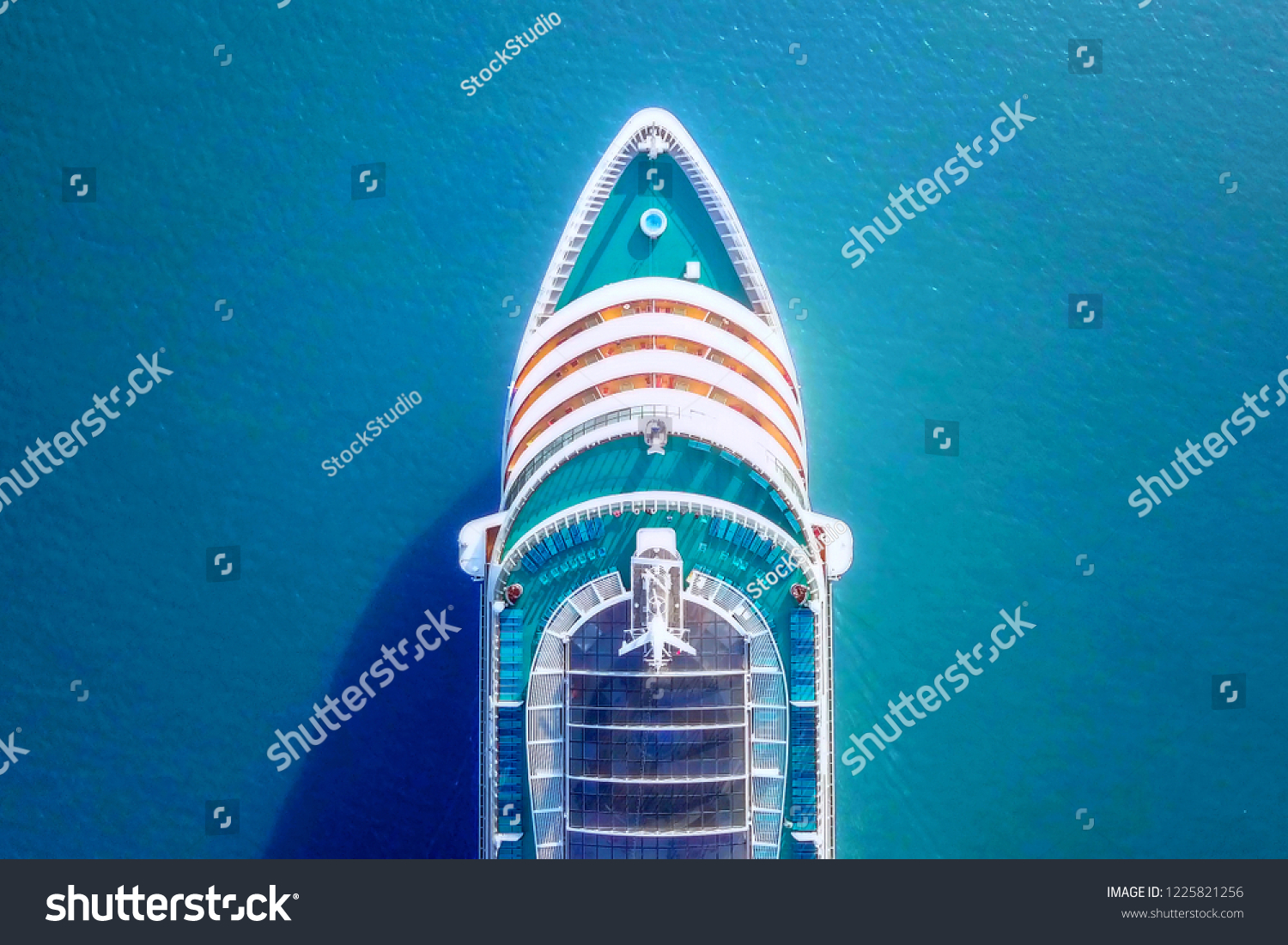 Cruise ship sailing across The Mediterranean sea - Aerial image #1225821256