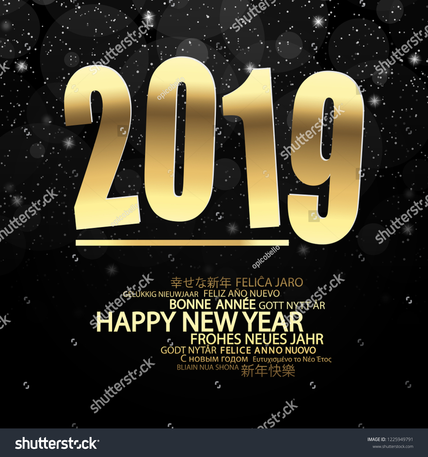 golden colored background concept for New Year 2019 greetings with falling snow #1225949791