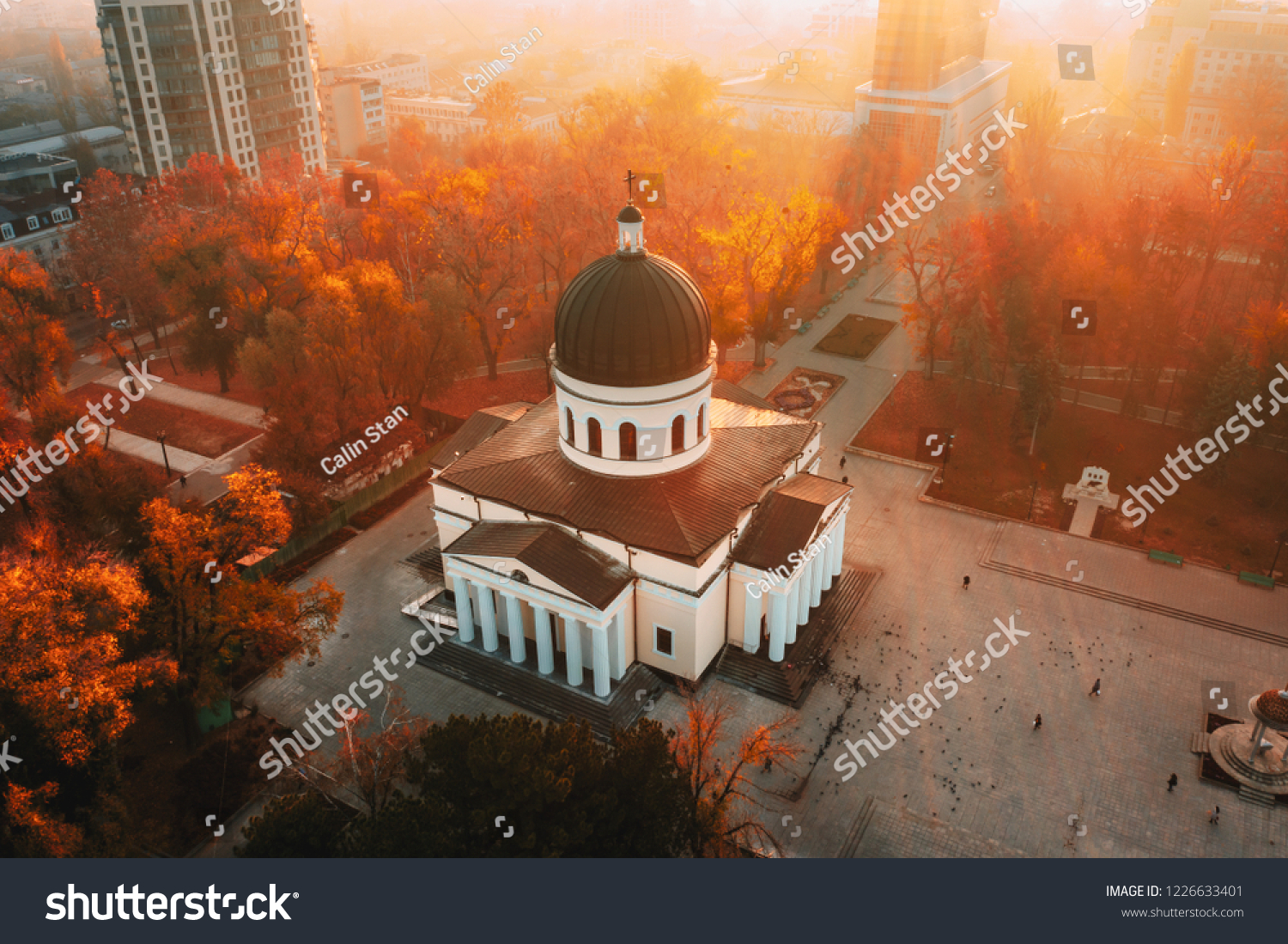 Chisinau Metropolitan Cathedral in Central Park,  Moldova Republic. Aerial view. Artistic tonning #1226633401