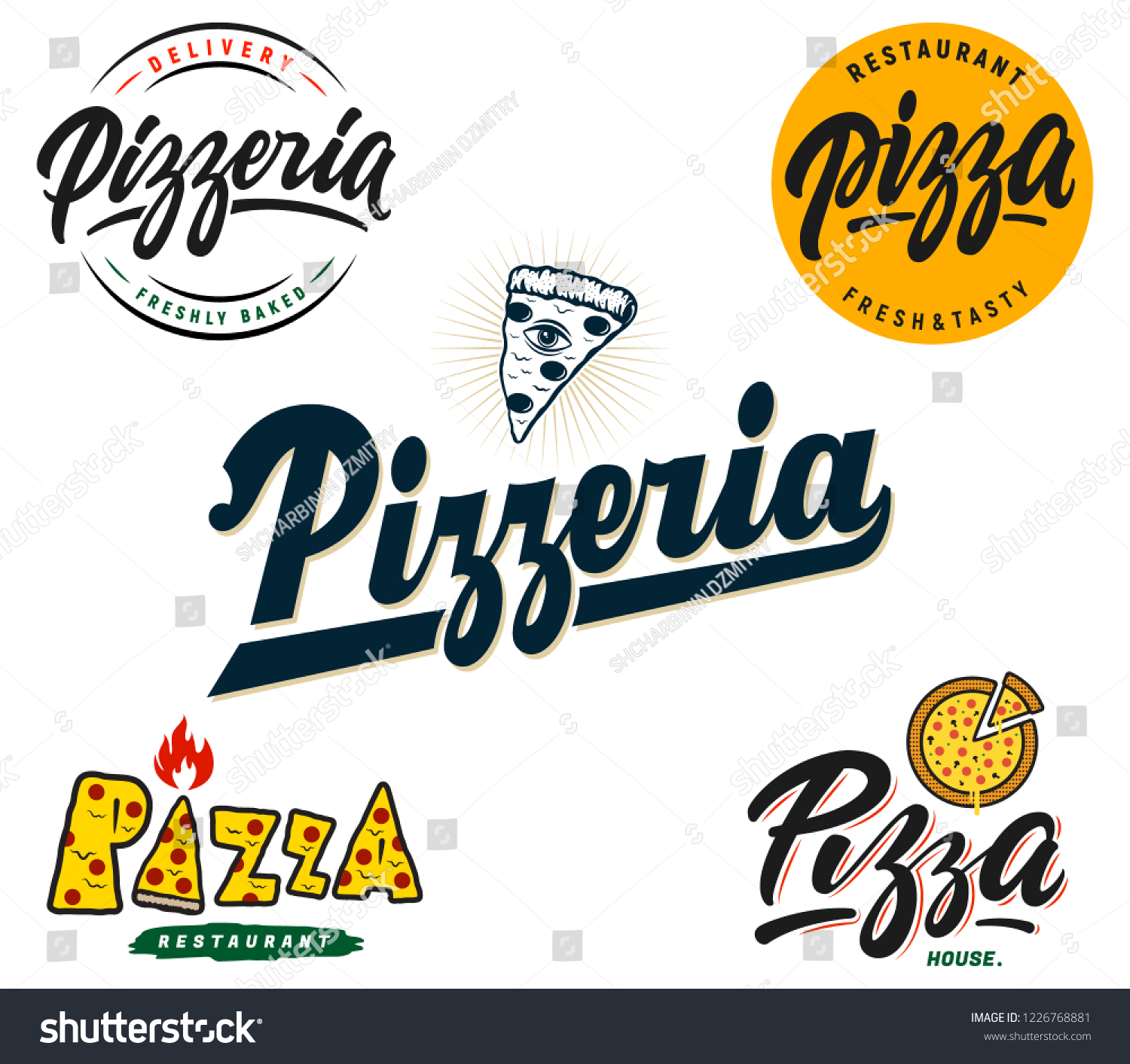 Set of hand-written logos for pizzeria and pizza - Royalty Free Stock ...