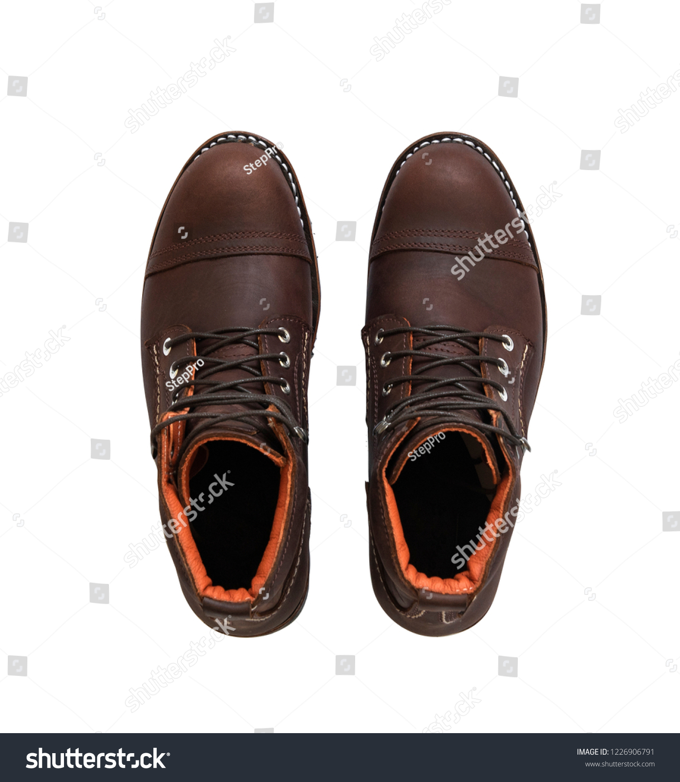 Men’s boot with brown genuine leather for man collection isolated on a white background. Clipping paths #1226906791