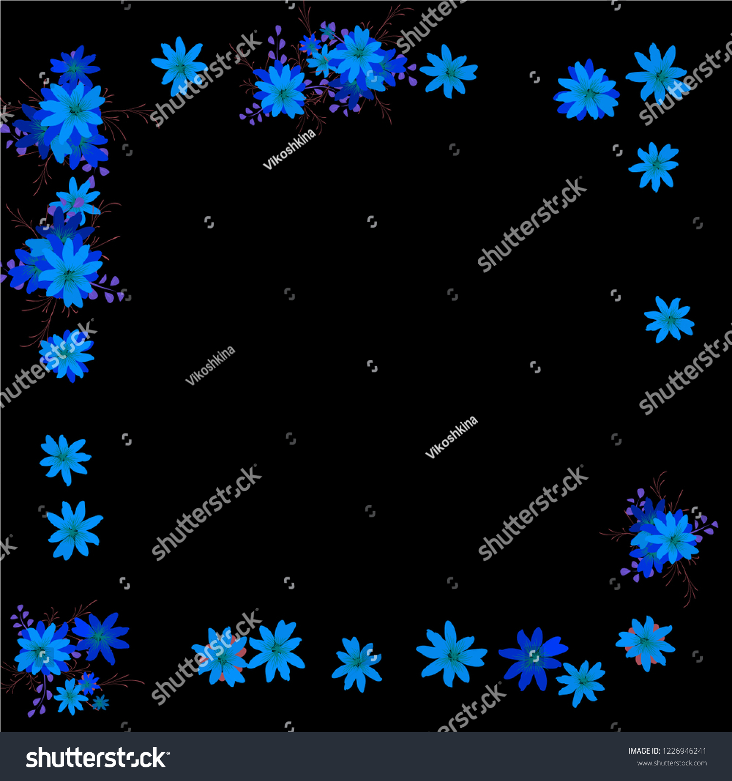 Floral Wreath. Vector Square Pattern with Tiny Wild Flowers for Print, Cover, Poster. Floral Decoration for Wedding or Birthday Invitation. Trendy Design on Black Background. #1226946241