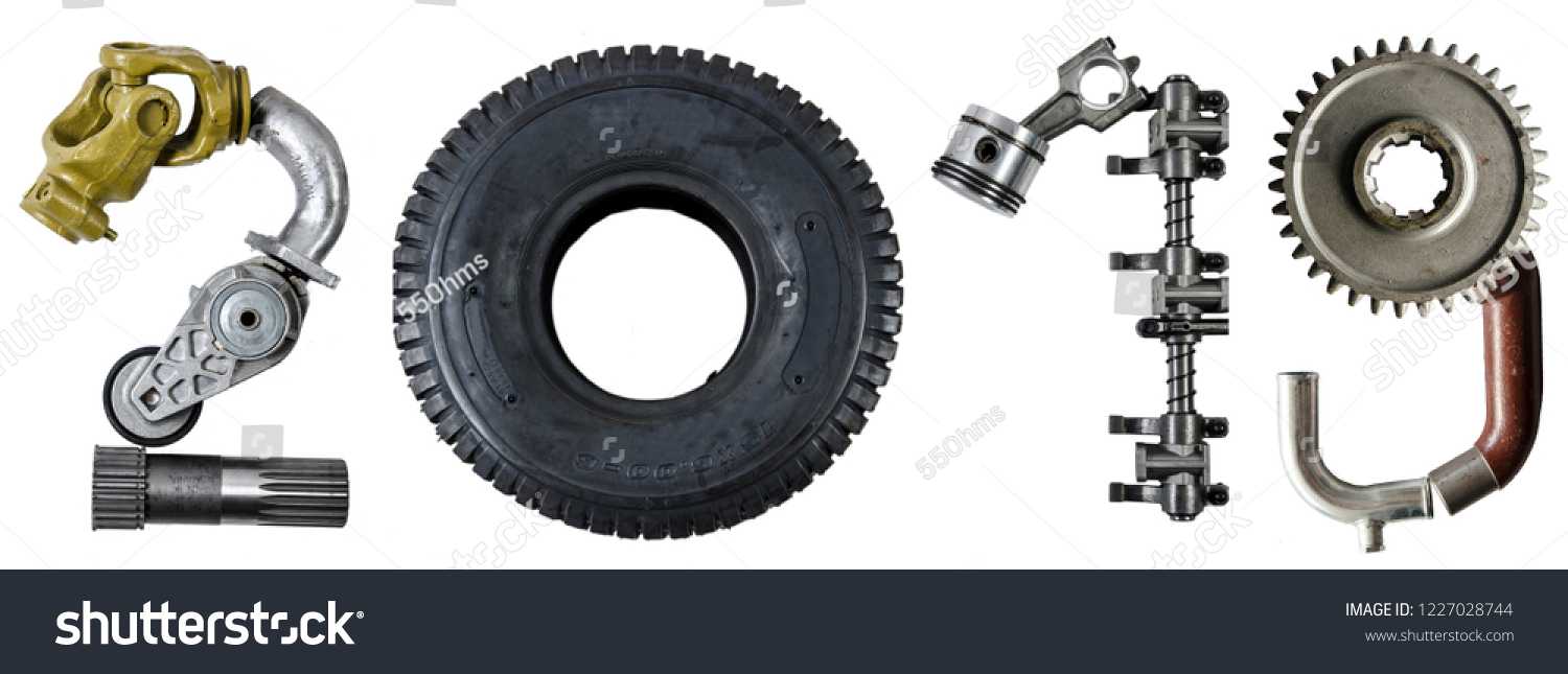 Number 2019 written with heavy machinery tractors or car parts, as a metaphor or concept for repair shop, workshop, diy, new beginning. Isolated on white background. Happy new year #1227028744