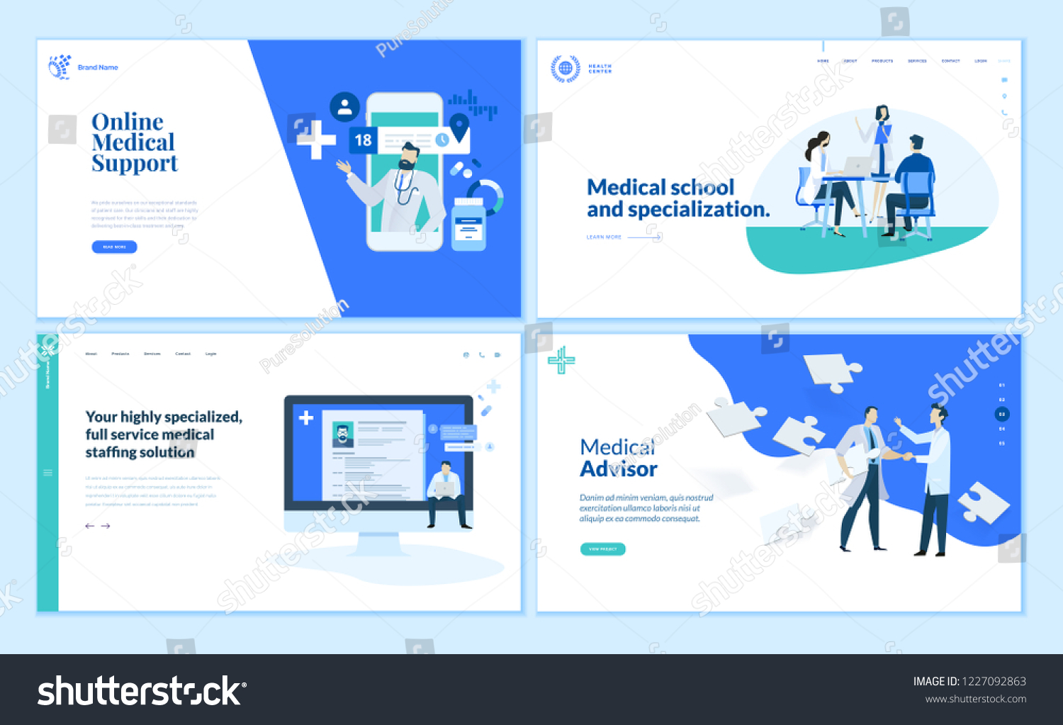 Web page design templates collection of online medical support, medical school and specialization, advisor. Modern vector illustration concepts for website and mobile website development.  #1227092863