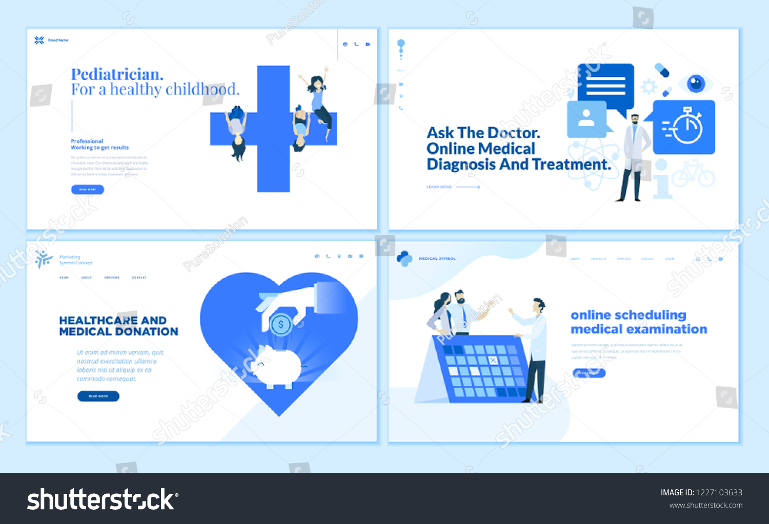 Web page design templates collection of pediatrician, online medical diagnosis and treatment, medical donation. Modern vector illustration concepts for website and mobile website development.  #1227103633