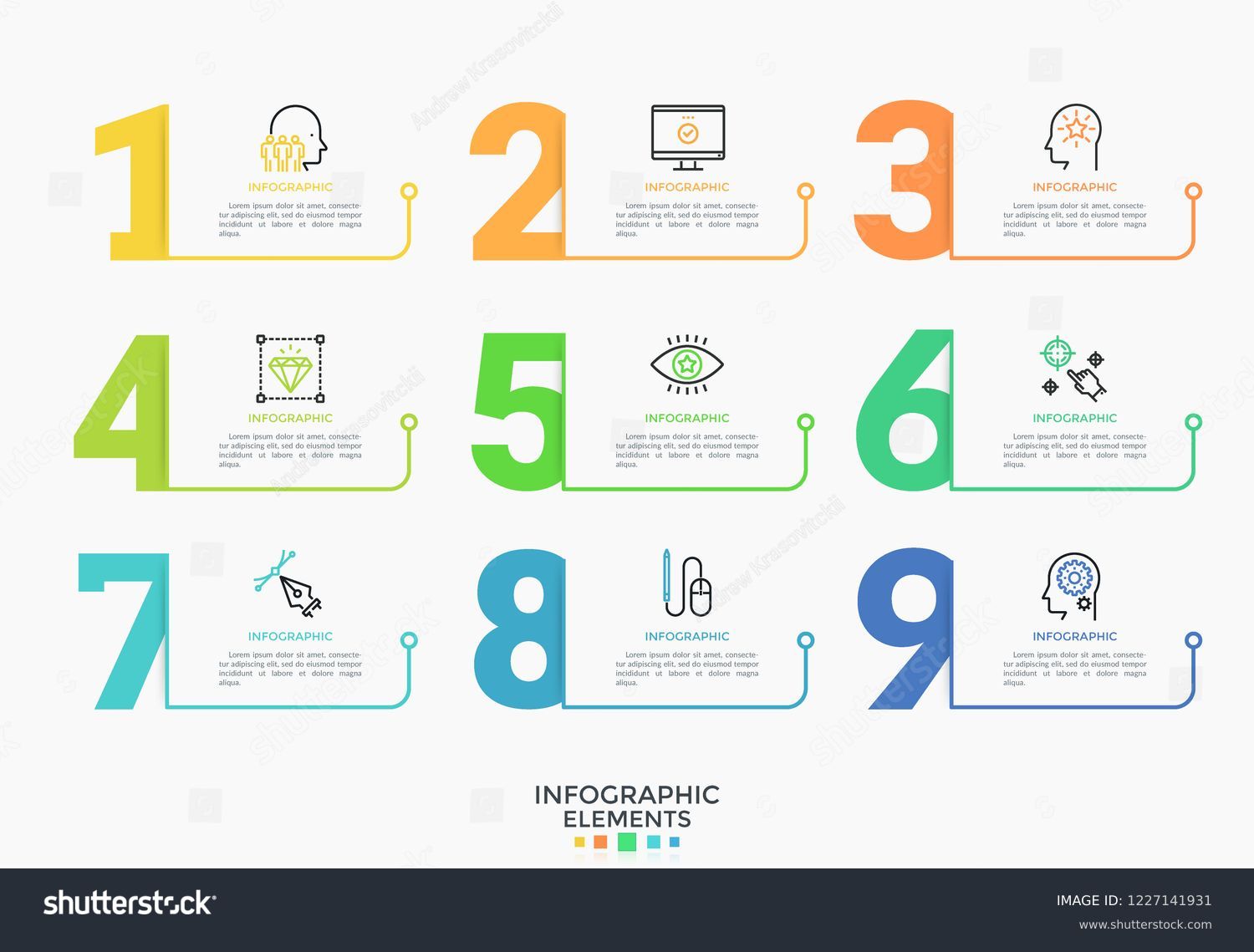 Nine colorful numbers or figures and rectangular elements or cards with place for text. Infographic design template. Creative vector illustration for business options visualization, website menu. #1227141931