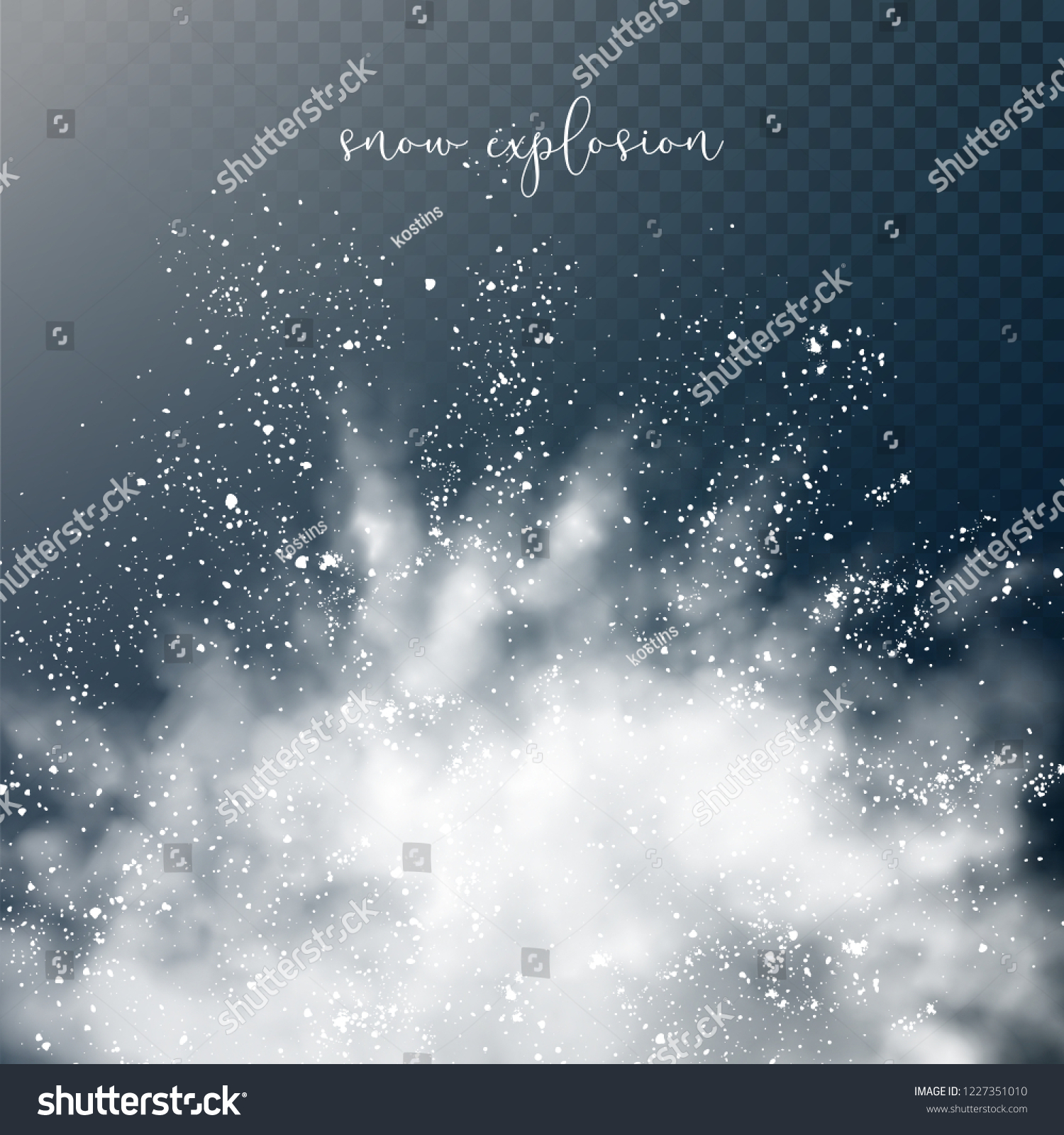 Vector snow explosion. Abstract design of white transparent cloud and snowflakes. Blast of white powder #1227351010
