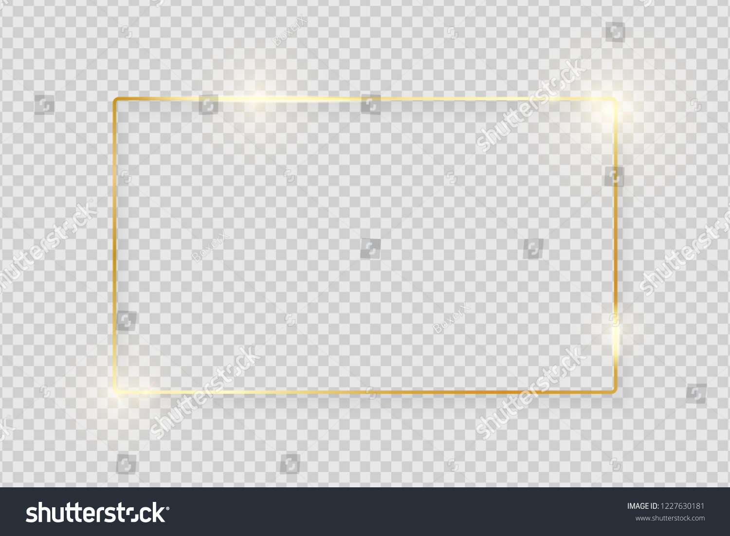 Gold shiny glowing vintage frame with shadows isolated on transparent background. Golden luxury realistic rectangle border. Vector illustration #1227630181