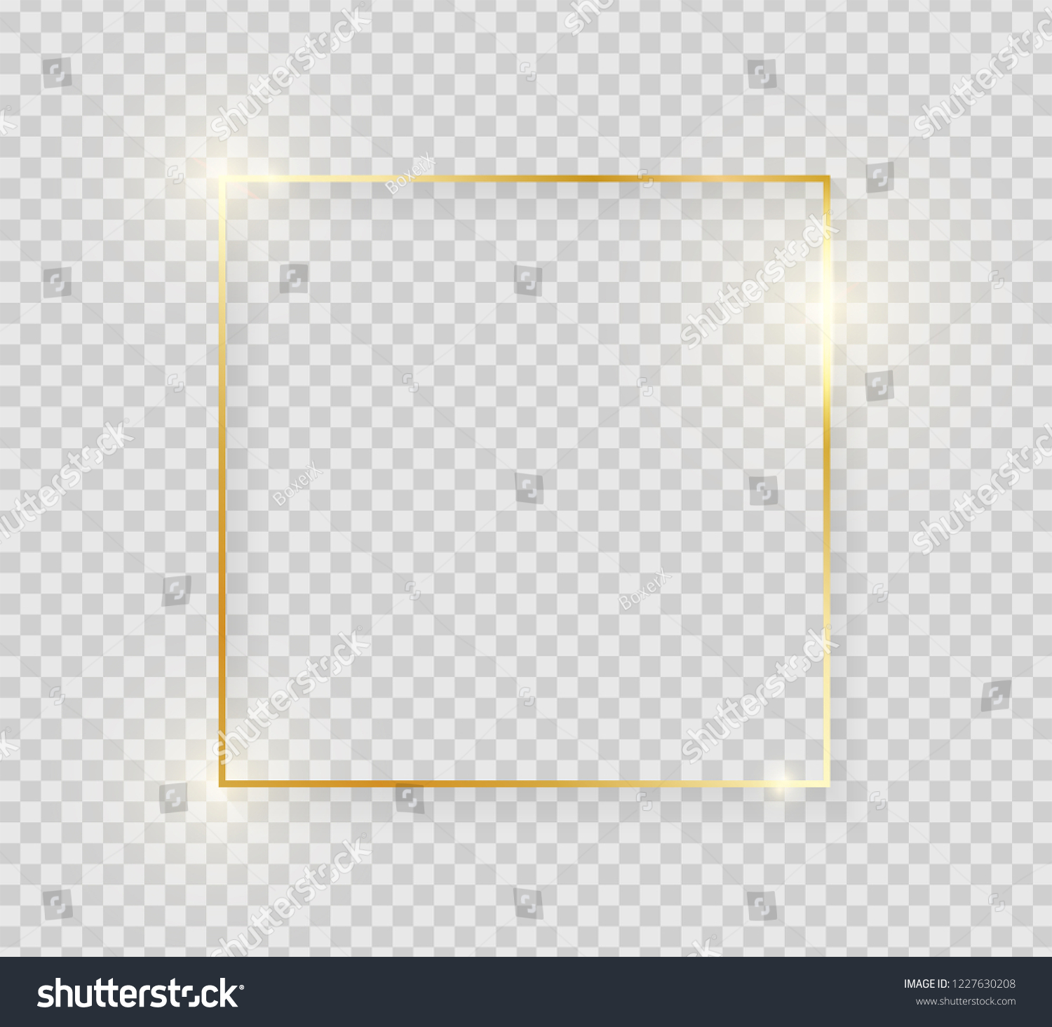 Gold shiny glowing vintage frame with shadows isolated on transparent background. Golden luxury realistic square border. Vector illustration #1227630208