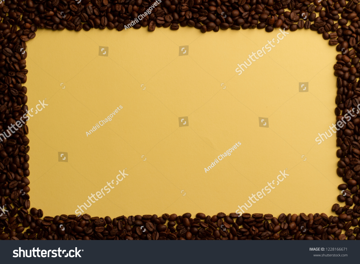 Rich yellow contrasting frame of coffee beans with a rounded upper right corner. Top view. Preparation for the inscriptions of the best selected coffee beans. Bright yellow background for ideas. #1228166671