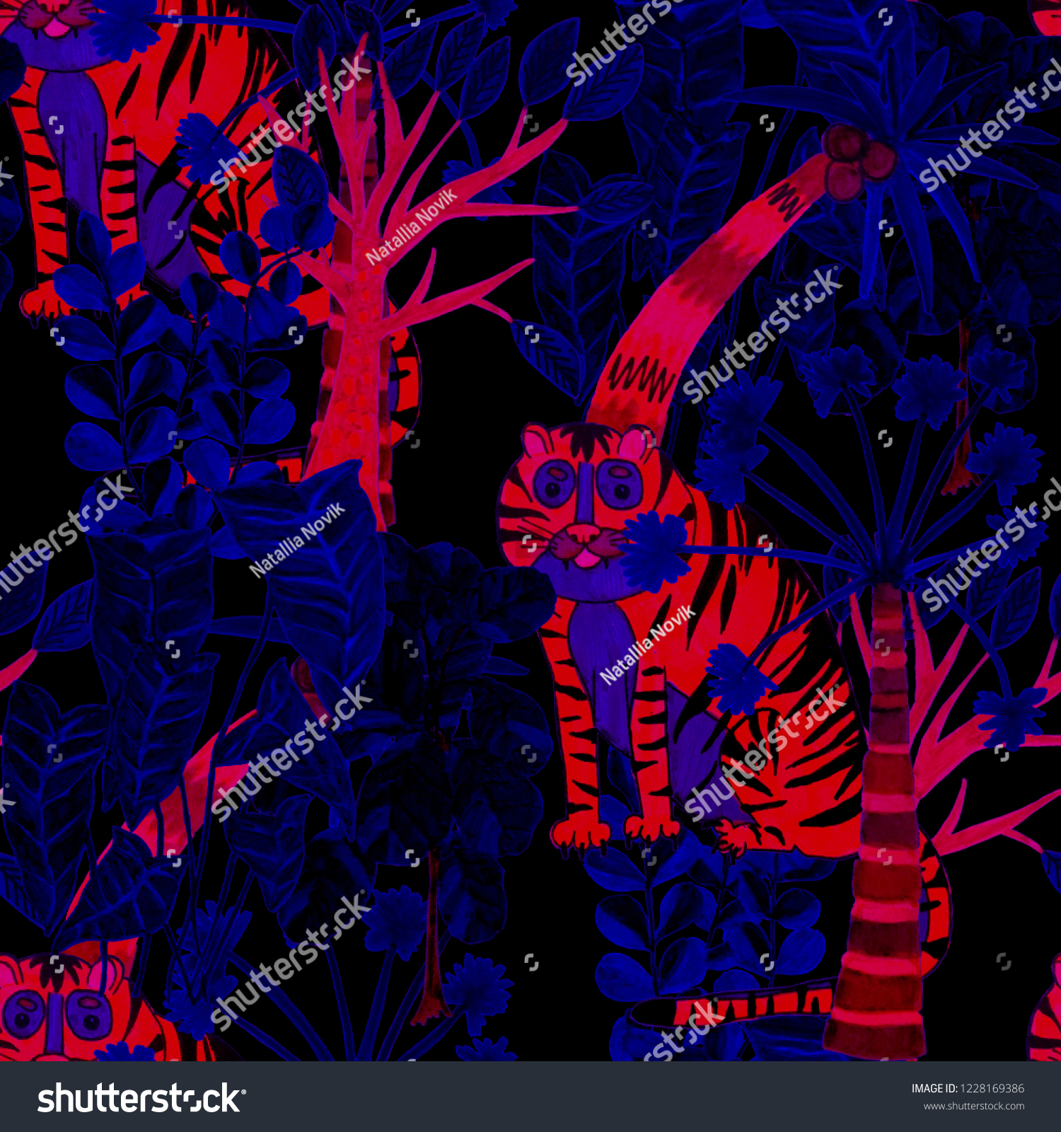 Creative seamless pattern with hand drawn tiger in tropical forest. Trendy style.
 #1228169386