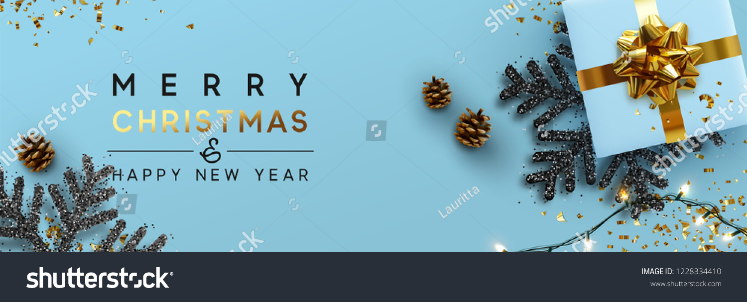 Christmas banner. Background Xmas design of sparkling lights garland, with realistic gifts box, black snowflake and glitter gold confetti. Horizontal christmas poster, greeting cards, headers, website #1228334410